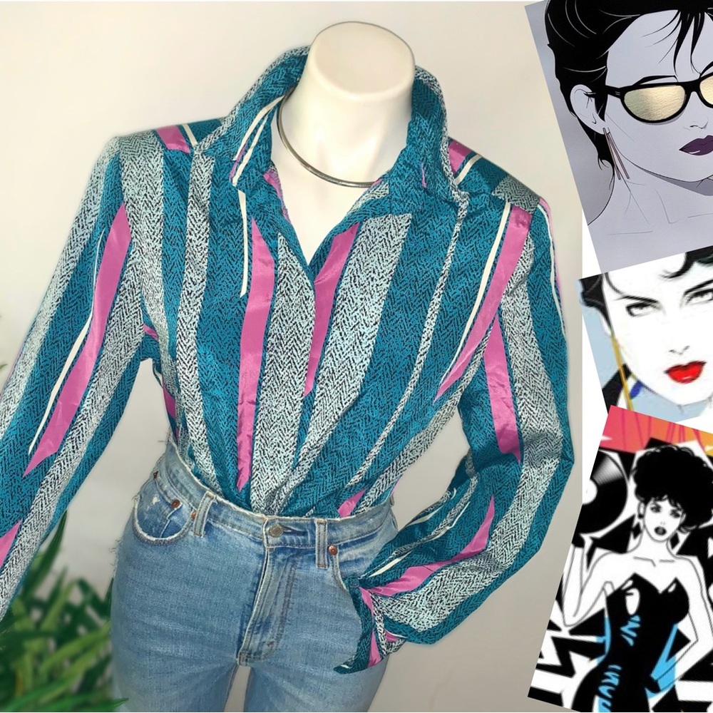 d i s c o :: Vintage Abstract Artsy Striped Satin Blouse
